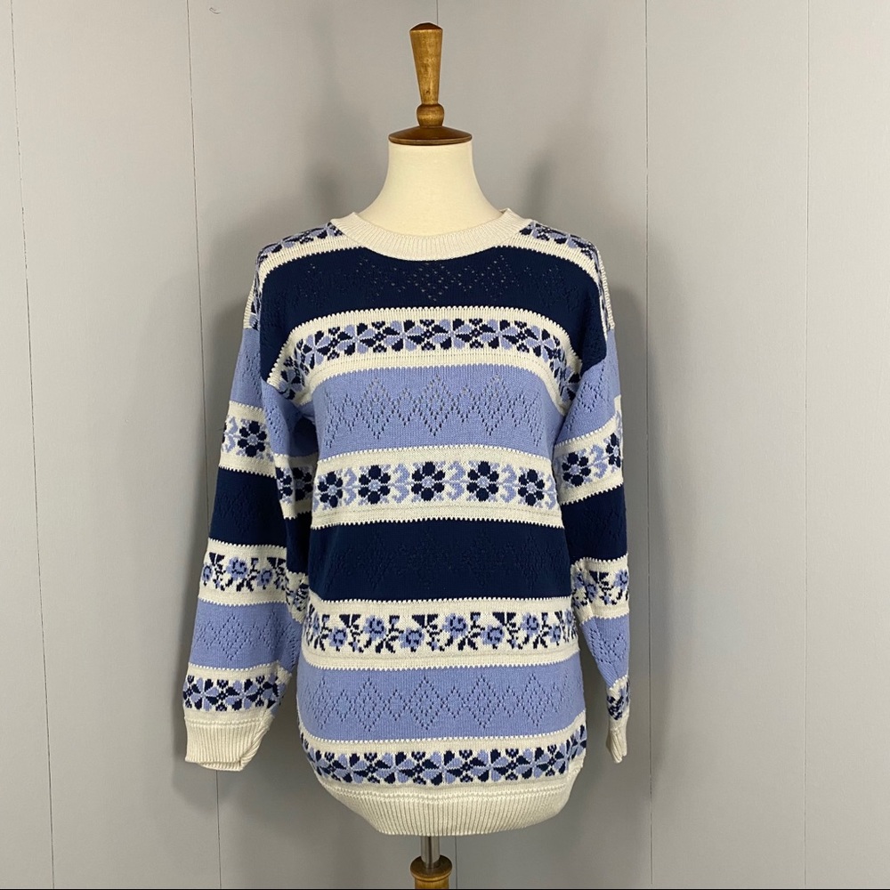 Vintage 90’s Fair Isle Striped Open-Knit Blue & Cream Sweater with Crew Neckline